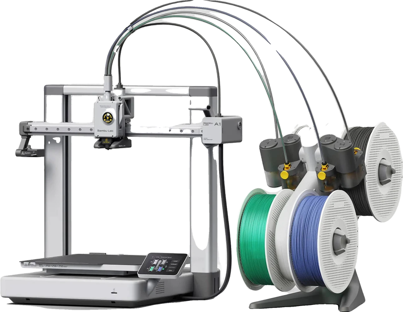 Bambu Lab A1 Combo: the A1 printer with the AMS Lite four-spool unit standing next to it, four filament tubes running to the toolhead