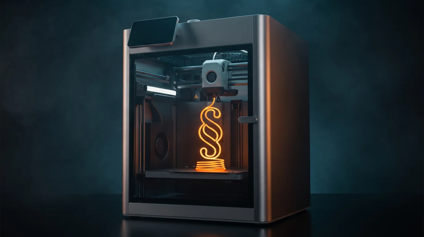 Dark editorial illustration of an enclosed Bambu-style 3D printer printing a glowing legal paragraph symbol made of molten filament strands