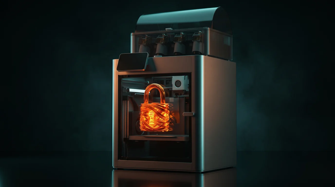 Dark editorial illustration of an enclosed 3D printer behind a glowing padlock made of filament, symbolizing locked-down printer access