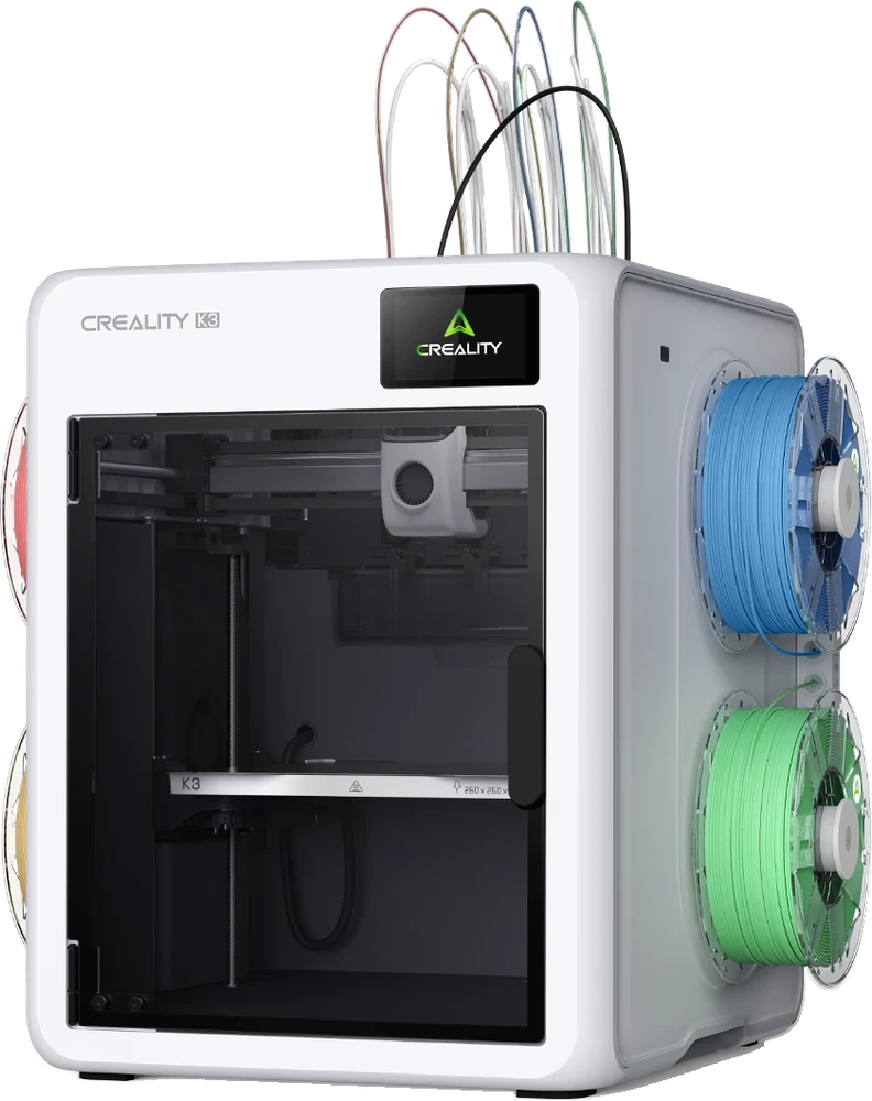 Creality K3: an enclosed white printer with filament spools mounted on both sides and PTFE tubes looping into the top