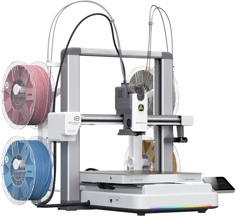Creality SPARKX i8 3D printer, open-frame bedslinger with two filament spools mounted on each side of the frame and four PTFE tubes running into a single toolhead