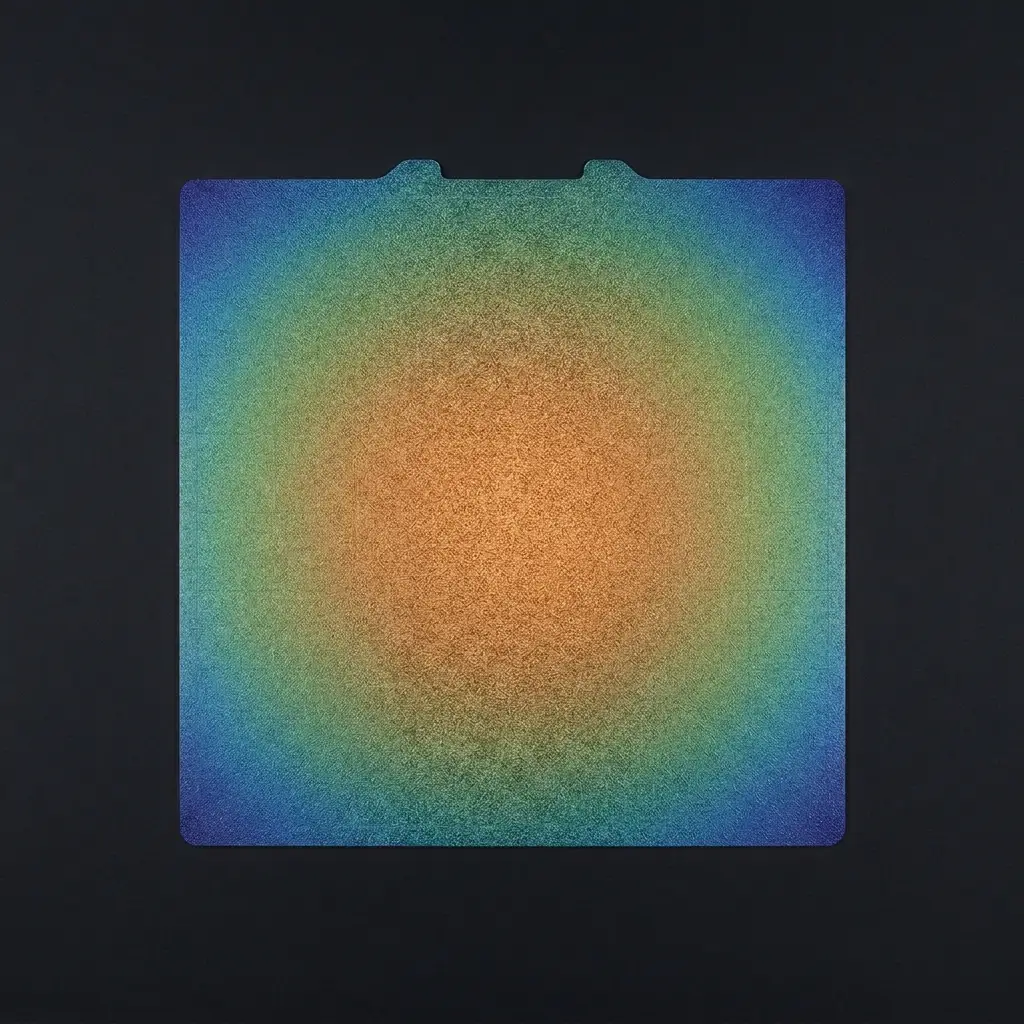 AI-generated illustration: thermal-camera style view of the H2D build plate, hot orange in the centre, cooling through green to deep blue at the edges and corners