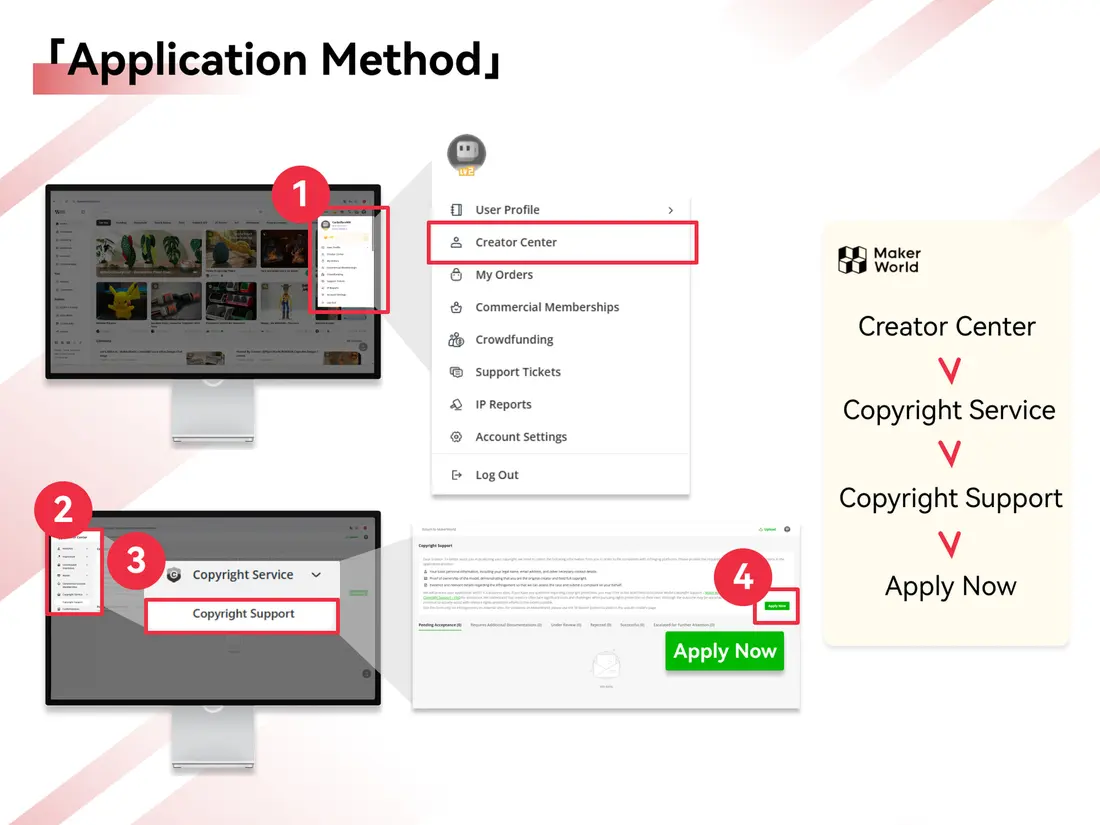 MakerWorld Creator Center showing the Copyright Service section with the Copyright Support application entry