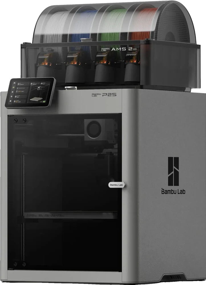 Bambu Lab P2S Combo: the enclosed P2S printer with an AMS 2 Pro four-spool unit on top