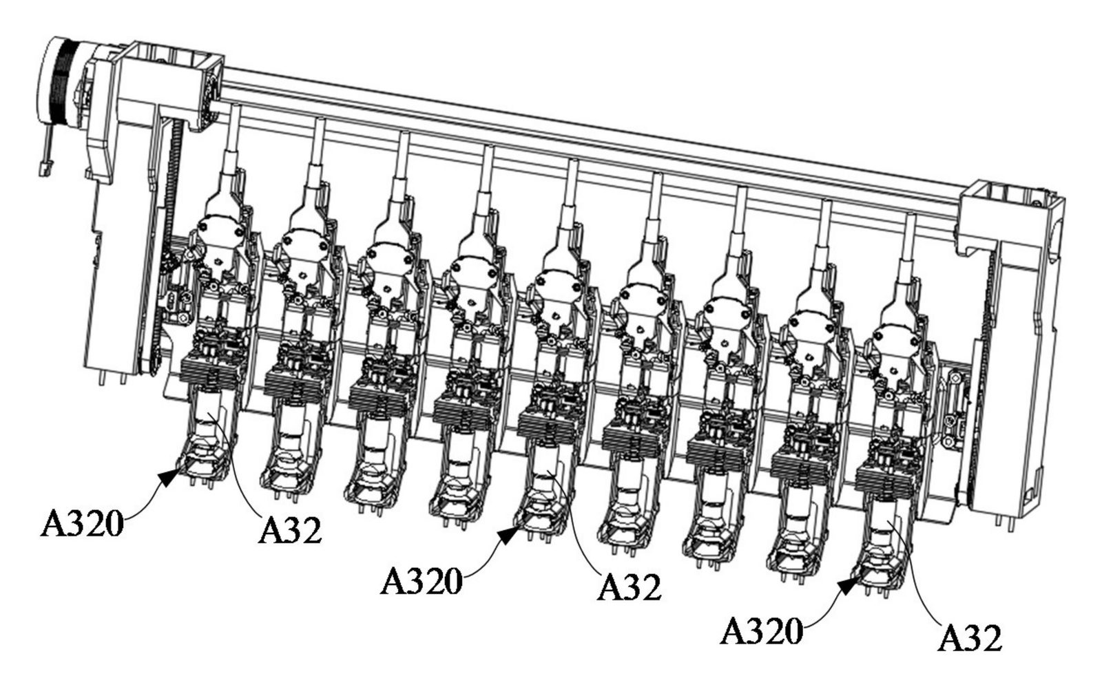 Patent figure showing the storage rack with nine occupied hotend positions, drive mechanism on the left and end plate on the right