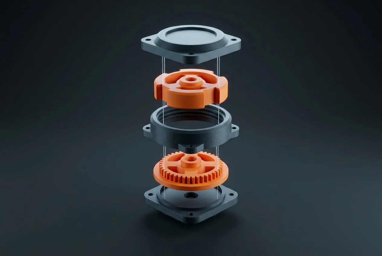 Exploded view of a multi-part 3D printed gear assembly, the kind of build the new assembly guide generator documents