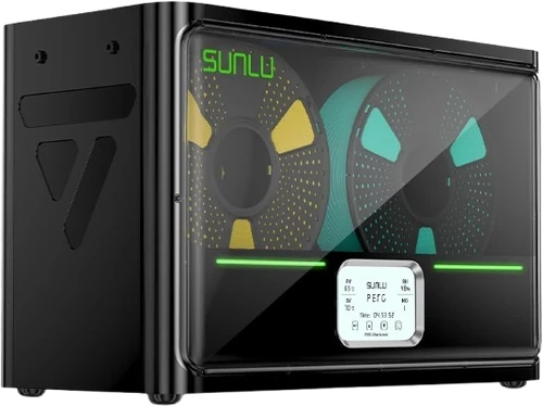 SUNLU FilaDryer S4: a black box dryer with a transparent front showing two of its four spools and a display at the bottom