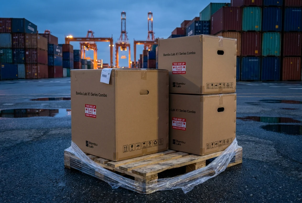 Bambu Lab X1 Series Combo shipping boxes stacked on a pallet at a container port, illustrating the printer imports hit by the 2025 tariffs