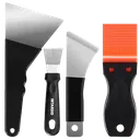INTARSIO scraper kit with three steel scrapers and a plastic razor scraper