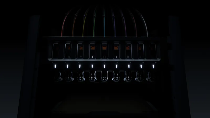 Bambu H3C teaser render: a dark printer frame with a rack of nine numbered tool positions, each with a white light, a tool hanging below and a colored filament tube arching in from above
