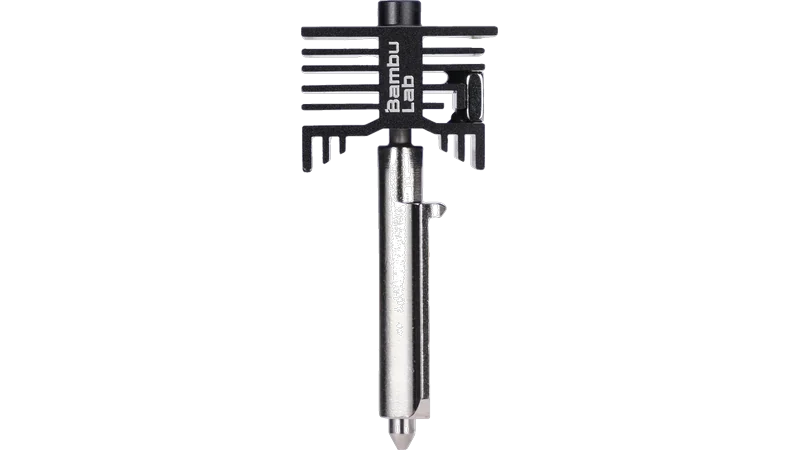 Bambu Hotend H2/P2S/X2D: a black finned heatsink with a clip tab on a silver steel tube with the nozzle at the tip