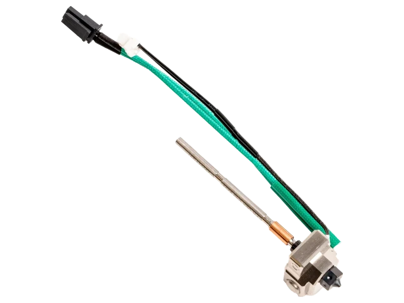 Prusa HT Hotend: a silver heater block with a black nozzle, a long thin metal tube, and green and black cables that end in a black and a white plug