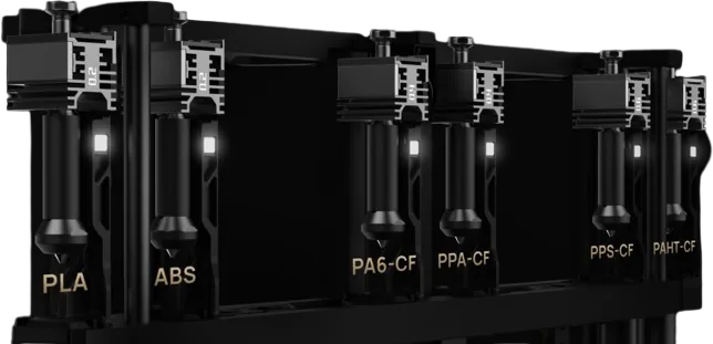 Product image of the Bambu Vortek hotend rack: six black hotends in a row, each with a small light, labeled PLA, ABS, PA6-CF, PPA-CF, PPS-CF and PAHT-CF